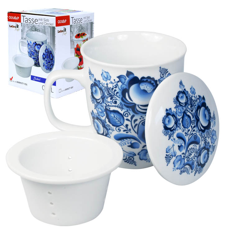 Кружка с крышкой и ситечком "Гжель"
